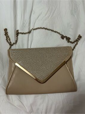 Aldo Beige Rhinestone Envelope Clutch with Gold Chain